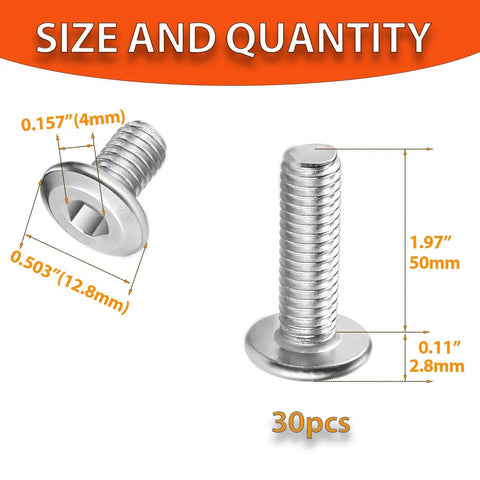 Premium M6x50mm Hex Socket Head Cap Screws 30 Pack 304 Stainless Steel shown with dimensions 50mm and head size for fastening.
