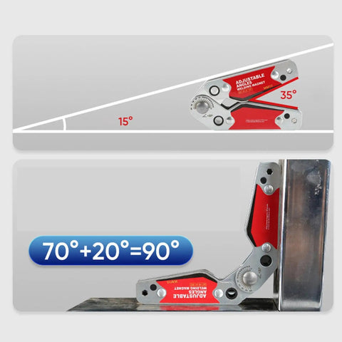Lockdown Magnetic Welding Jig With Slip Proof Zero Play Adjustment From 20 To 200 Degrees Angle Positioner and Handy Hex Wrench for Heavy Duty Metal Fabrication Shop Hustle showing 15° and 35° angles.