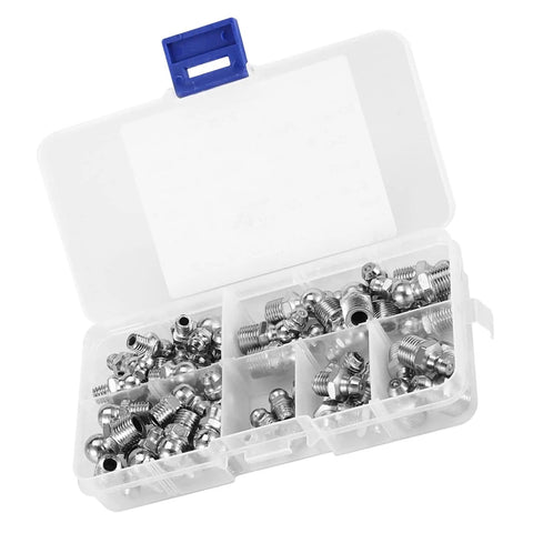 Open case showing 45Pcs M6 M8 M10 Zerk Grease Nipple Fitting Kit Pro Grade Durable Metal Brass Iron Plating For Mechanical Lubrication
