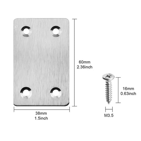 Hella Sturdy Stainless Steel Flat Metal Straight Corner Brace L Brackets Heavy Duty Wood Furniture Building Hardware Pack Of Twenty Two Point Four By One Point Five For Shelves Frames And TV Mounts with screw and size details.