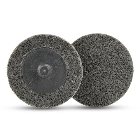 Two Inch Pro Grade Surface Prep Quick Change Discs Ten Pack Grey Ultra Fine Silicon Carbide Nonwoven Abrasive For Steel Aluminum Stainless Steel And Non Ferrous Metals With Type R Roll On Quick Change Attachment, front view showing texture and attachment.