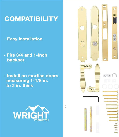 Serenade Mortise Keyed Lever Lock Set With Deadbolt for Screen and Storm Doors, polished brass, non handed, with components