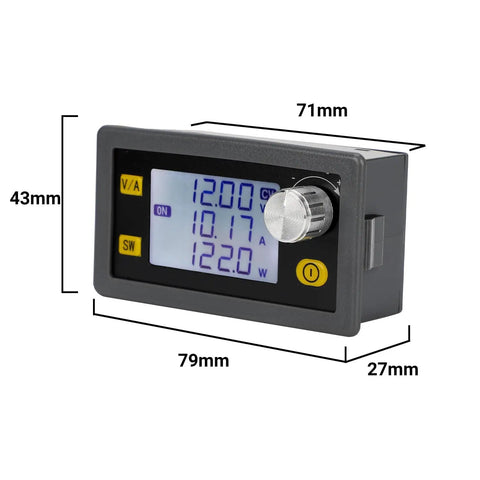 Front view of compact DC Buck Converter With Meter 6-70V In To 0-60V Out Up To 20A 1200W Step Down Power Supply, showing dimensions.