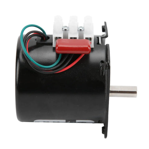 Heavy Duty 14 Watt Ac Synchronous Motor With High Torsion Metal Gears And Pure Copper Coil For Smooth Central Shaft Bracket Automated Industry Use at 110rpms, side view with wires.
