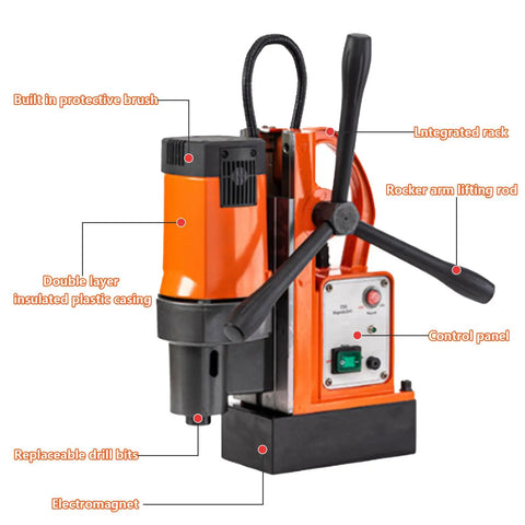 Heavy Duty 110V Magnetic Drill Press With 1800W Copper Core Motor showing integrated rack, control panel, and replaceable drill bits.