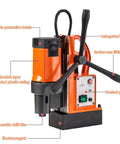 Heavy Duty Magnetic Drill Press With 1100W Copper Core Motor, 200-750 RPM, 40 mm Core Depth And 16 mm Max Drill Diameter showing controls and components.