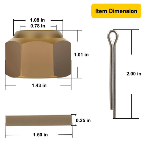 Brass Prop Nut Kit For Inboard Boats dimensions showing nut, locknut, key, and cotter pin for installation