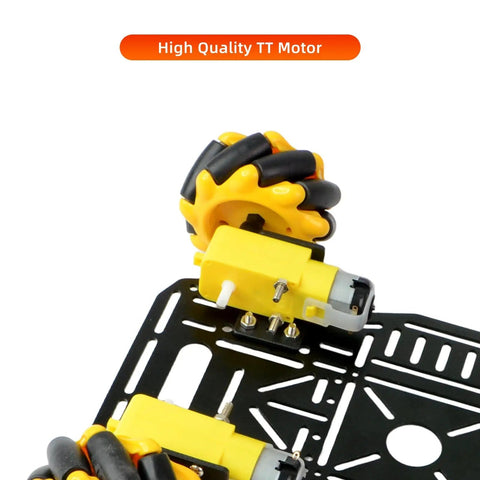 Close-up of Omni Directional Mecanum Wheel Robot Chassis Kit with four 60mm wheels, aluminum frame, and TT motor visible.