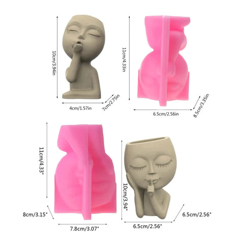 Face Silicone Planter Mold For Concrete Pots And Epoxy Resin Casting Unique Face Design Planter Pot For Home Garden And Patio Decor DIY Flower Plant Mold For Indoor Outdoor Use shown in various perspectives with dimensions.