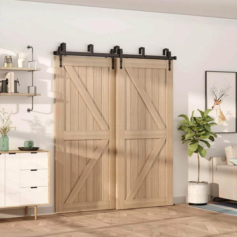 Double Track Bypass Sliding Barn Door Hardware Kit For Two Doors, Low Ceiling Design, Nine Inch Ceiling Clearance, installed view