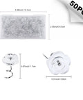 Fifty Piece Upholstery Twist Pins Featuring Slick Clear Rose Heads And Compact Storage Box with measurements.