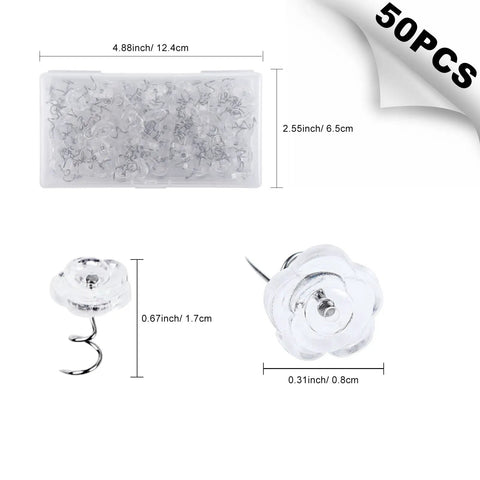 Fifty Piece Upholstery Twist Pins Featuring Slick Clear Rose Heads And Compact Storage Box with measurements.