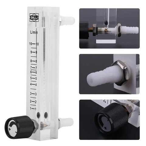 Gas Flow Meter 1 To 10 LPM With Control Valve For Oxygen And Air, Transparent Acrylic Meter With 8mm Hose Barb, Unidirectional Flow Gauge, Plug And Play Gas Measurement Tool For Lab Or Workshop, acrylic body and hose barb details