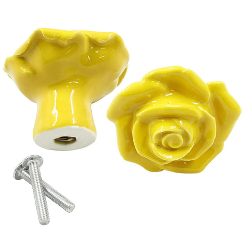 Total Game Changer Yellow Rose Ceramic Drawer Pulls With Smooth Glaze Finish For Kitchen Drawers And Vanity Storage Set Of Two, featuring floral design and installation hardware.