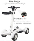 Knock Out The Course With This Slick Four Wheel Electric Golf Cart Powered By A Beefy 1000W Motor And 10 Inch High Grip Tires That Folds Flat For Trunk Storage Plus A Tough Rolling Bag Holder And Swap Out Battery For All Day Cruising - electric scooter with gear button.