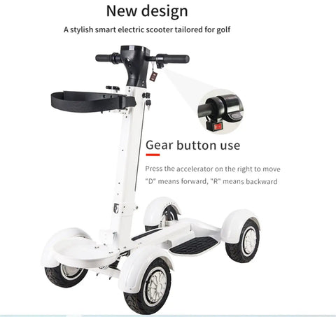 Knock Out The Course With This Slick Four Wheel Electric Golf Cart Powered By A Beefy 1000W Motor And 10 Inch High Grip Tires That Folds Flat For Trunk Storage Plus A Tough Rolling Bag Holder And Swap Out Battery For All Day Cruising - electric scooter with gear button.