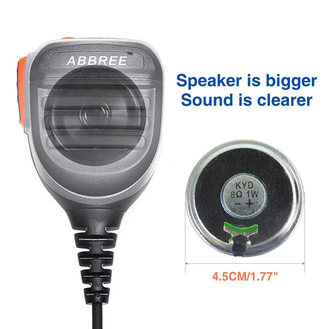 Front view of Remote Shoulder Microphone For Ham Radios Waterproof IP54 Speaker Mic With Built In Sealing Compatible With Baofeng UV5R Series BFF8HP UV82 82HP UV5X3 UV5RX3 F8 Plus GT3TP And More, showing speaker size.
