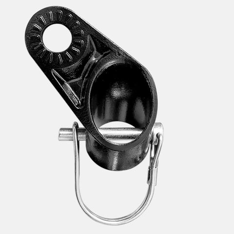 Close-up of the upgraded bike trailer coupler attachment angled elbow for Instep and Schwinn trailers, showing vertical and horizontal holes.