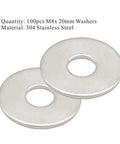 M8 x 20mm flat washers, 304 stainless steel, OD 20mm, thickness 1.5mm; 2 pcs shown