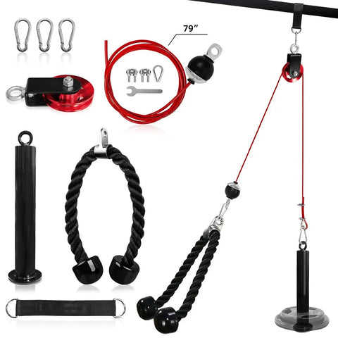 Lat Pulldown Cable System For Home Gym Versatile 2 Inch Olympic Attachments with steel pulley and tricep rope.