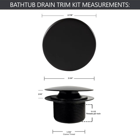 Dope Matte Black Tip Toe Bathtub Drain Stopper With Mushroom Overflow Faceplate measurements showing diameter and thread details.