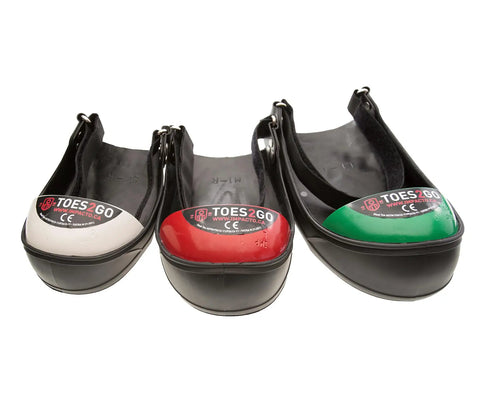 Three waterproof PVC overshoes with steel toes for work shoes, including green large version, protect against impact and crush.