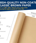 Brown Kraft Paper Roll 17.5 By 1200 Inches For Gift Wrapping And DIY Craft Projects Packing Shipping Floor Covering Poster Backdrops And More 70 GSM 50 Lb displayed with features