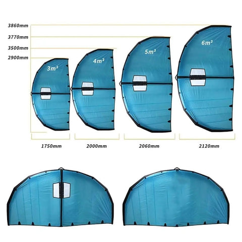 Inflatable Sail Foil Wing Kite For Kitesurfing And Snow Surfing Ski Surfing Handheld Wing size comparison chart, 5m2 highlighted