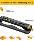 Diagram of oscillating lawn sprinkler for yard and garden with 19 precision nozzles and adjustable range up to 3,600 sq ft