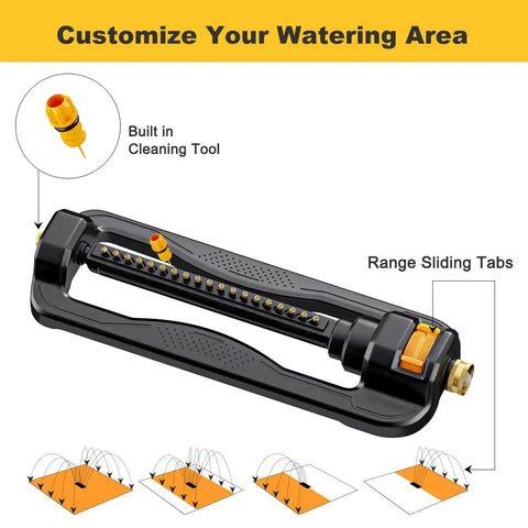 Diagram of oscillating lawn sprinkler for yard and garden with 19 precision nozzles and adjustable range up to 3,600 sq ft