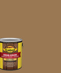 Gallon can of Solid Color Cedar Acrylic Deck Stain No Mess Easy To Apply Outdoor Wood Finish Cedar Tone against brown background.