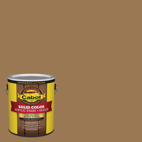 Gallon can of Solid Color Cedar Acrylic Deck Stain No Mess Easy To Apply Outdoor Wood Finish Cedar Tone against brown background.