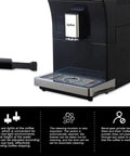 Level Up Your Coffee Game With This Fully Automatic Espresso Machine Built In Grinder And Milk Frother 15 Bar Pressure Coffee Maker features a sleek design and cleaning function.
