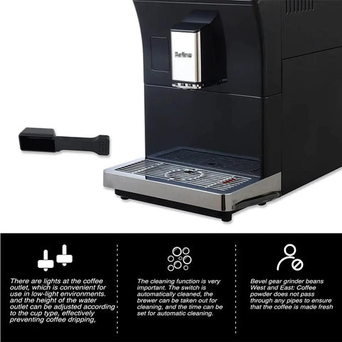 Level Up Your Coffee Game With This Fully Automatic Espresso Machine Built In Grinder And Milk Frother 15 Bar Pressure Coffee Maker features a sleek design and cleaning function.