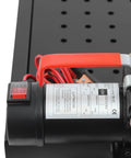 Cool Electric Oil Drain Pan With Pump And Hose For Cars Trucks Rvs, 20 Gal Steel Cart On Wheels To Make Garage Waste Removal Easy And Super Fast pump handle and switch close up.