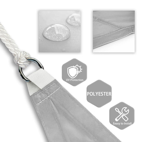 Close-up of UV protection, waterproof fabric, and D-ring of Triangle Shade Sail For Outdoor Patio 16 Ft By 16 Ft By 22.6 Ft Waterproof Sun Shade Canopy UV Block Tarp For Backyard Deck Garden Light Gray Shade Cloth Weatherproof And Customizable Easy Install.