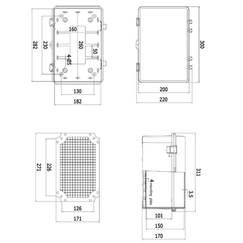102 Piece Outdoor Waterproof Electrical Box Junction Weatherproof IP67 ABS Plastic Enclosure With Mounting Plate And Wall Bracket In Grey, 11.8 By 7.9 By 6.7 Inches, The Go To Project Box For Router, Switches, And Electronics. Dimension drawing of IP67 ABS plastic electrical enclosure with mounting plate and wall bracket