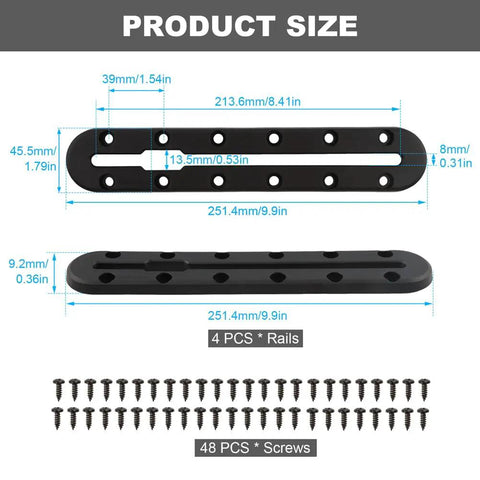 Four Pack 9.9 Inch Low Profile Kayak Gear Track Rails For Flat Surfaces, black rails, 4 pcs with screws, 251.4mm long