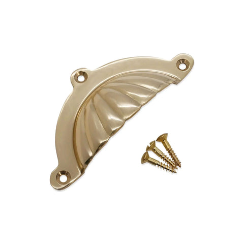 Polished Brass Cup Pull Cabinet Handle For Drawers And Doors, Cup Shell Design with matching screws, easy grip ergonomic hardware