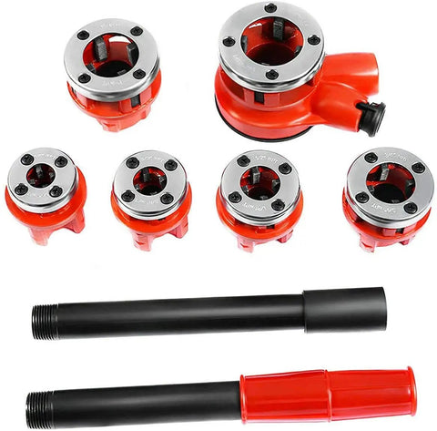 Portable Ratchet Pipe Threader Kit With Six Dies And Case DIY Friendly Ergonomic Manual Threading Tool For Home Plumbing Includes One Quarter Inch Three Eighths Inch One Half Inch Three Quarters Inch One Inch And One And A Quarter Inch Dies on white background showing red and black components