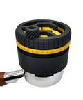 Pro Grade Espresso Wdt Tool Spinner close-up showing black and yellow planetary gear design for portafilter use.
