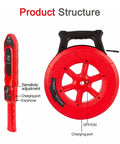 Pipe Blockage Detector Water Pipe Locator showing red probe and reel structure with sensitivity adjustment and charging ports.