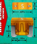 Visual dimensions and details of a 5 Amp Mini Blade Fuse from Premium Automotive Low Profile Mini Blade Fuse Assortment Kit.
