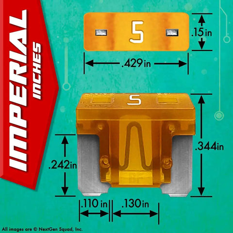 Visual dimensions and details of a 5 Amp Mini Blade Fuse from Premium Automotive Low Profile Mini Blade Fuse Assortment Kit.
