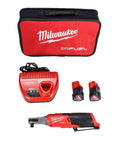High Speed 3/8 Inch Brushless Cordless Ratchet Kit With Two Batteries Charger And Storage Bag, set includes charger and extra batteries.