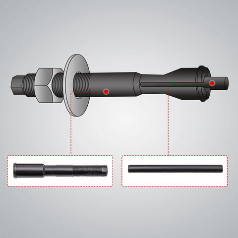 Side view of maXpeedingrods engine camshaft bearing installer/remover tool two-piece set with threaded screw and long rod