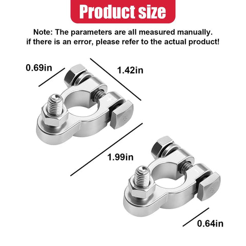 Top Shelf Car Battery Terminal Connector Kit With Beefy Positive And Negative Post Clamps Ride Ready Auto Marine Gear, size measurements displayed.