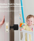 Outdoor push to open door with black handle, emphasizing safety for children; part of Two Pack Invisible Minimalist Door Lock.