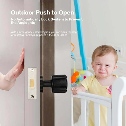 Outdoor push to open door with black handle, emphasizing safety for children; part of Two Pack Invisible Minimalist Door Lock.