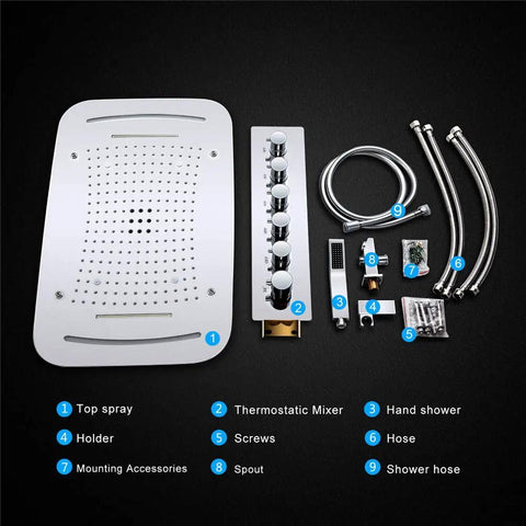Top Shelf Led Ceiling Shower Set With Five Dynamic Modes Serving Heavy Rainfall Smooth Waterfall And Chill Spa Mist Directly In Your House Bathroom For Prime Weekend Vibes; components including shower panel and mixer.
